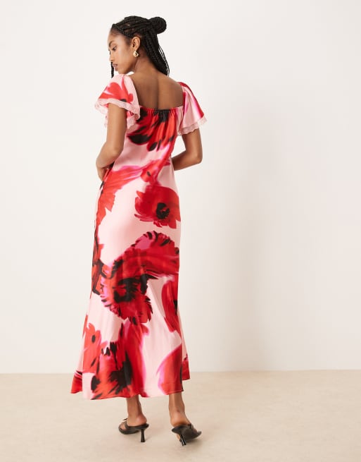 ASOS DESIGN – Blommönstrad midiklänning med bardotringning och spetsinfällningar, 3 av 4