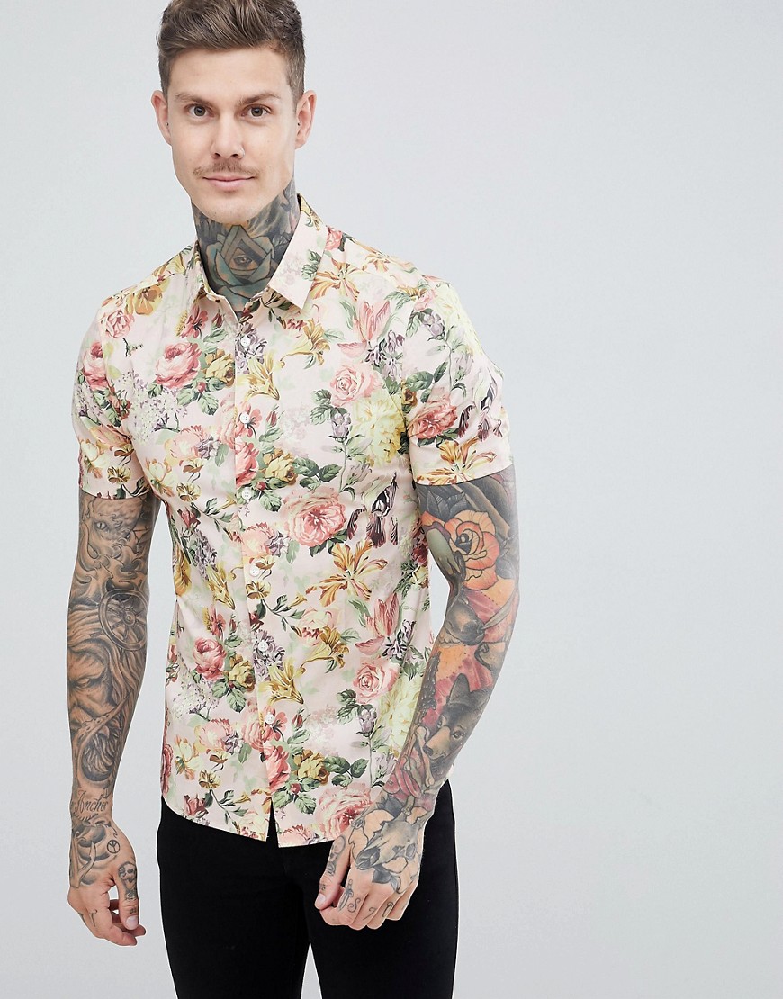 ASOS DESIGN – Blommönstrad skjorta med extra smal passform-Vit