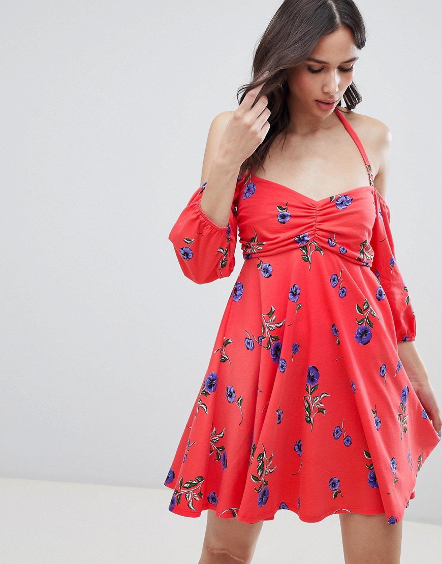ASOS DESIGN – Blommönstrad solklänning med singoallaringning och bubbelärmar-Flerfärgad