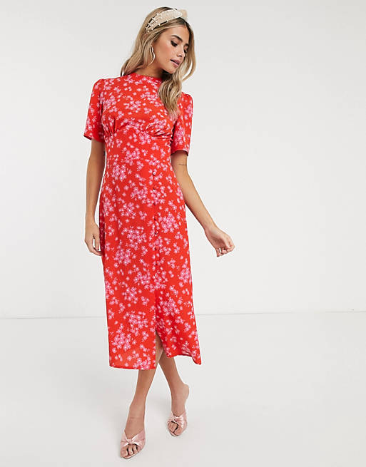 ASOS DESIGN - Blomsterprintet tea-kjole med knapper i rød og pink | ASOS