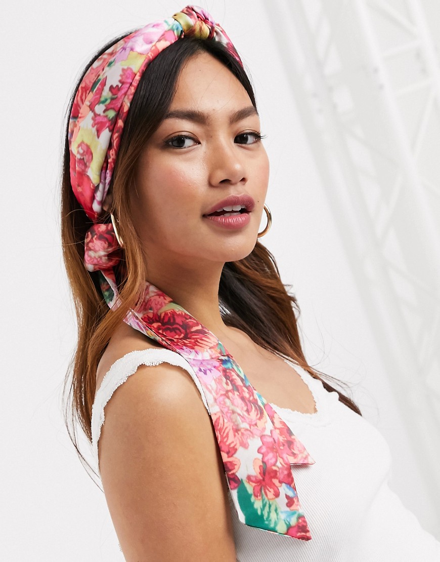 ASOS DESIGN - Blomstret hovedtørklæde med knudefront og multifarver-Multifarvet