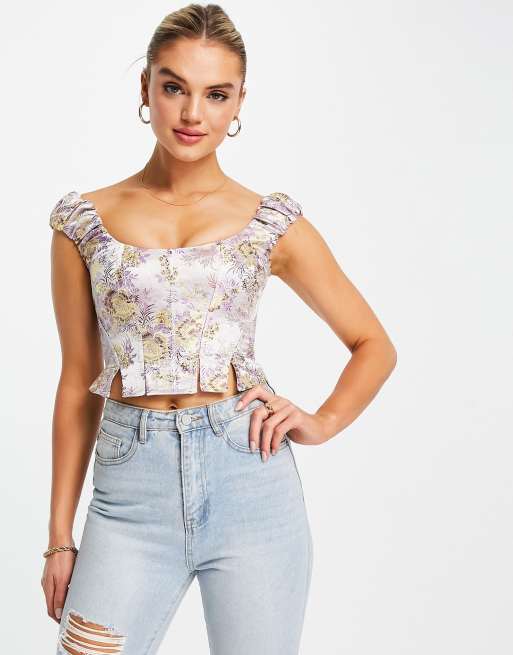 ASOS DESIGN - Blomstret korset-top i jacquard med rynkede stropper