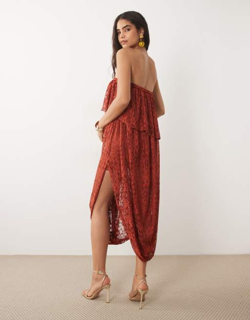 ASOS DESIGN blonde bandeau asymmetrisk draperet midikjole med flettedetalje i rust, 4 af 4