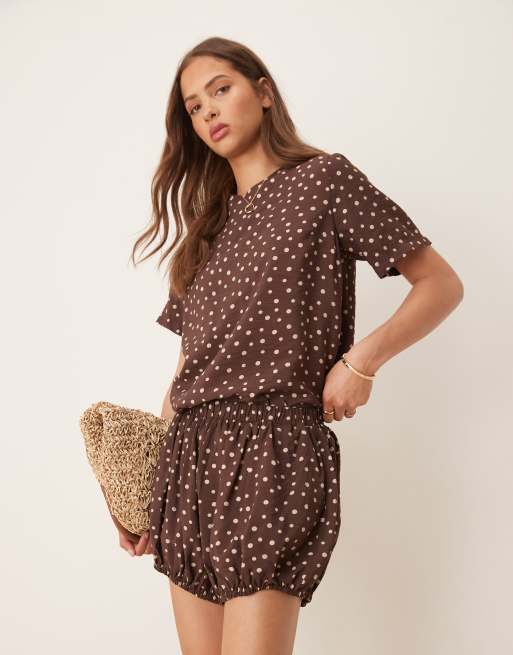 ASOS DESIGN bloomer shorts in brown polka dot print (part of a set), 3 of 4