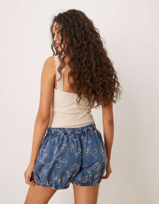 ASOS DESIGN bloomer shorts with floral embroidery in washed navy, 4 of 5