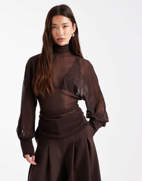 ASOS DESIGN - Blouse à col montant et manches chauve-souris - Chocolat - view 1