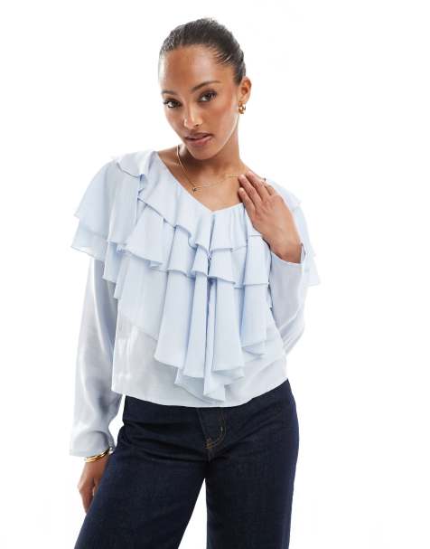 ASOS DESIGN - Blouse à col V et volants oversize - Bleu - view 1