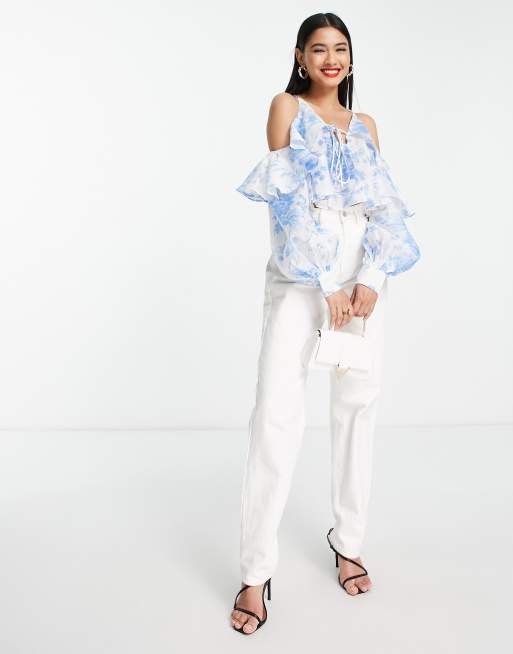 ASOS DESIGN - Blouse à fleurs avec lacets et volants - Bleu , 4 de 4