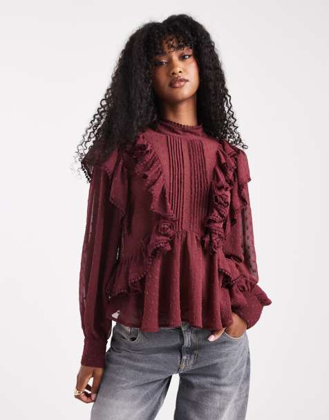 ASOS DESIGN - Blouse à manches longues et volants avec détail brodé - Bordeaux - view 1