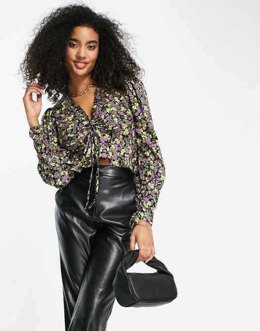 ASOS DESIGN - Blouse à manches longues froncé sur le devant à imprimé fleuri vif - Base noire 