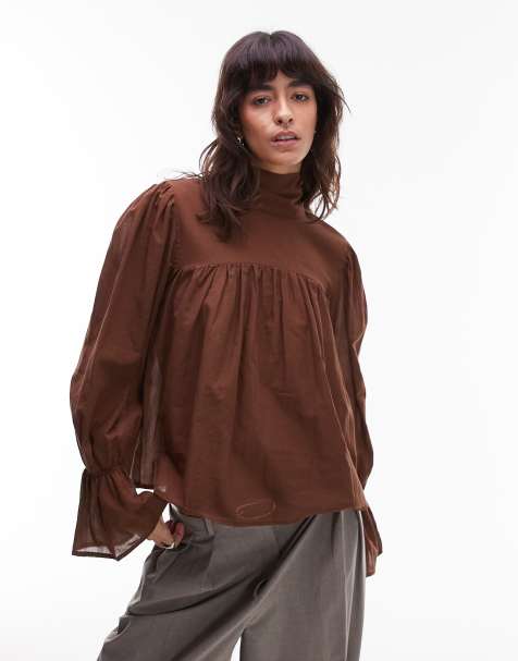 ASOS DESIGN - Blouse avec col montant et manches bouffantes - Chocolat - view 1