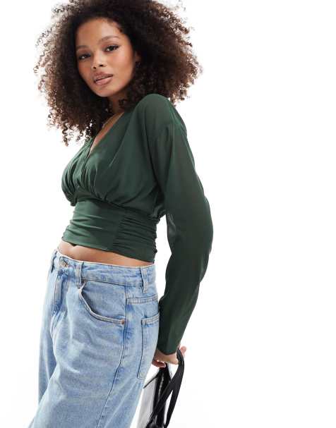 ASOS DESIGN - Blouse courte avec col V et fronces au dos - Vert - view 1