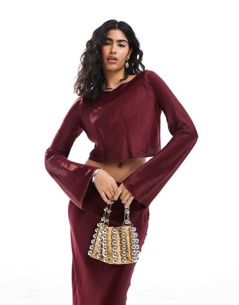 ASOS DESIGN - Blouse d'ensemble courte en satin avec encolure bateau - Bordeaux - view 1