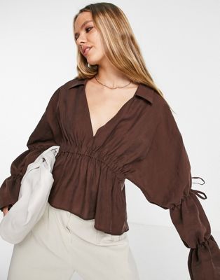ASOS DESIGN soft blouse with volume tie sleeve in chocolate - ASOS Price Checker