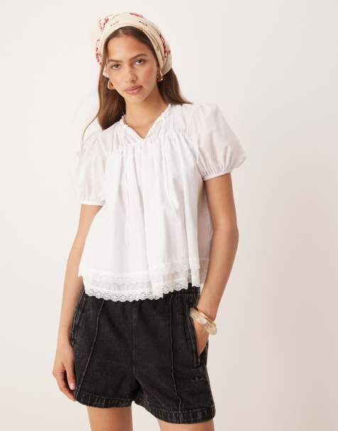 ASOS DESIGN - Blouse en coton bordée de dentelle - Crème - view 1