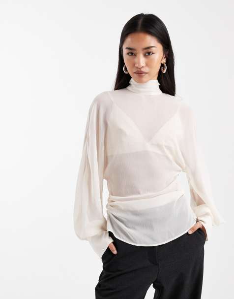 ASOS DESIGN - Blouse en mousseline à col montant et manches chauve-souris - Crème - view 1
