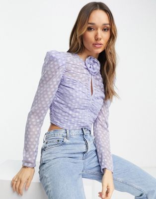 ASOS DESIGN keyhole dobby blouse with corsage detail in baby blue - ASOS Price Checker
