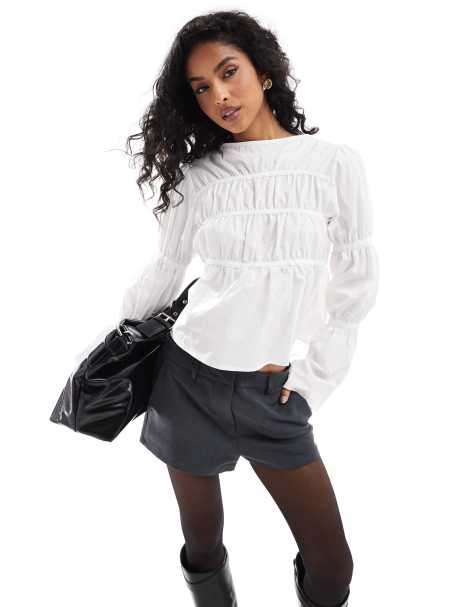 ASOS DESIGN - Blouse en popeline à manches froncées - Blanc - view 1