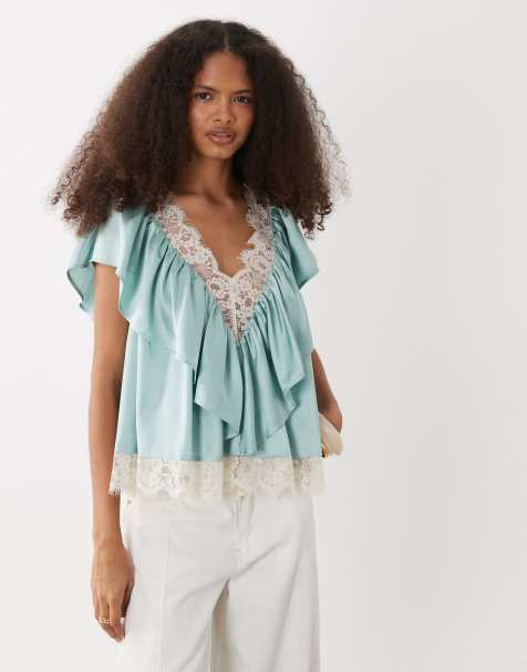 ASOS DESIGN - Blouse en satin à volants étagés avec empiècement en dentelle - Surf Spray - view 1