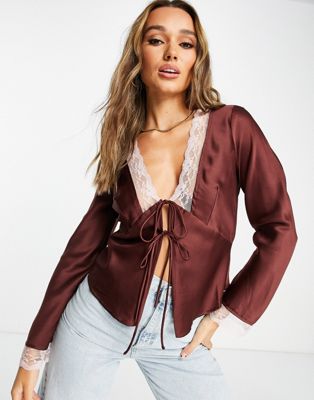 ASOS DESIGN satin tie front blouse with lace insert in chocolate - ASOS Price Checker