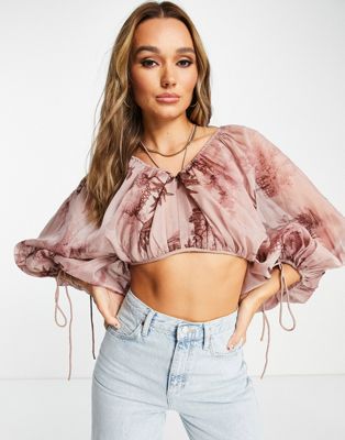ASOS DESIGN ruched voile puff ball blouse in pink & purple floral print  - ASOS Price Checker