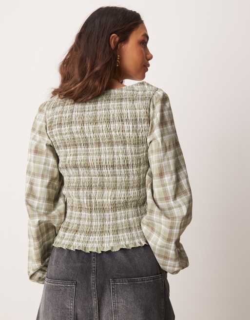 ASOS DESIGN - Blouse froncée à encolure bateau - Vert à carreaux, 4 de 4