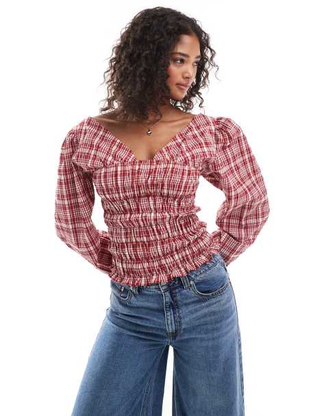 ASOS DESIGN - Blouse froncée à manches longues - Carreaux rouges - view 1