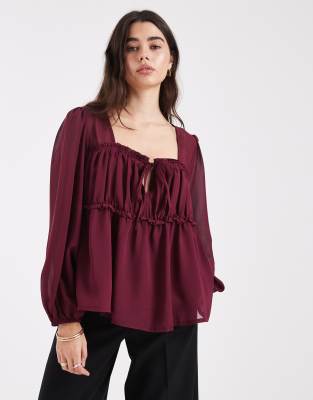 Blouse froncée avec empiècement transparent - Bordeaux-Rouge 36