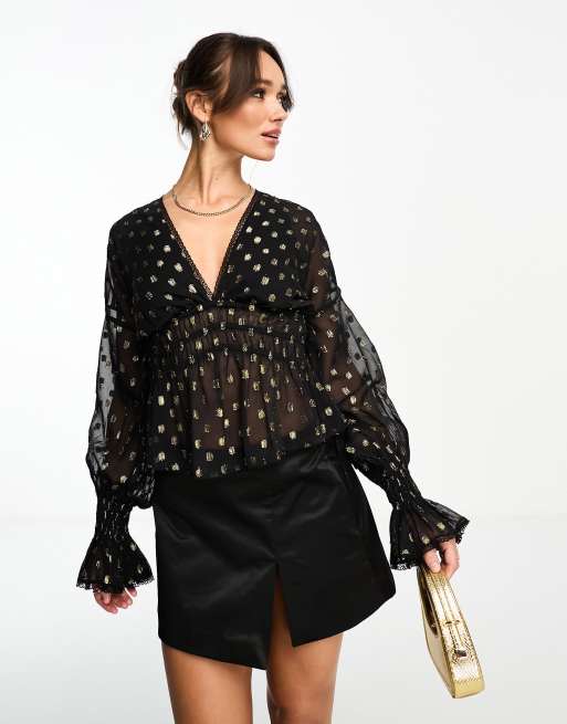 ASOS DESIGN - Blouse froncée avec manches bouffantes et pois en jacquard