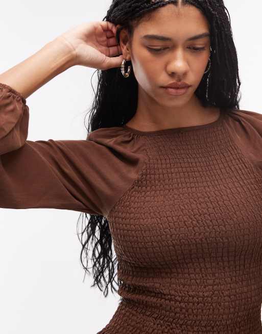 ASOS DESIGN - Blouse froncée en lyocell à manches raglan - Chocolat, 3 de 4