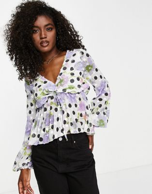 ASOS DESIGN long sleeve ruched front blouse with pleated peplum hem in floral & spot - ASOS Price Checker