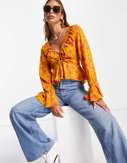 ASOS DESIGN - Blouse froncée sur le devant à manches longues et motif fleuri - Orange 