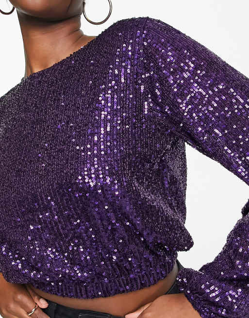 ASOS DESIGN - Blouse met ballonmouwen en lovertjes in paars, 2 van 4