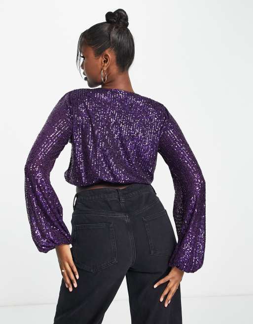 ASOS DESIGN - Blouse met ballonmouwen en lovertjes in paars, 3 van 4