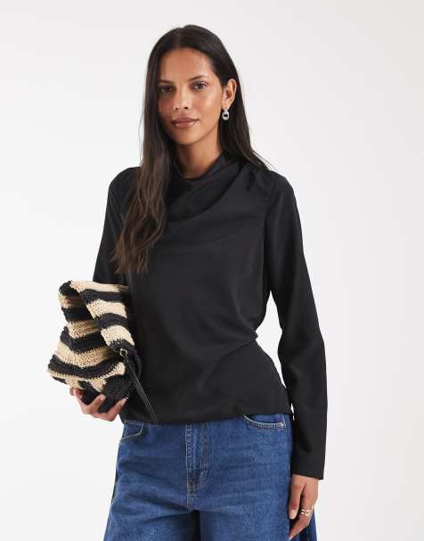 ASOS DESIGN - Blouse met gedrapeerde halslijn en gestrikte taille in zwart - view 1