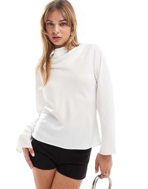 ASOS DESIGN - Blouse met lange mouwen en gedrapeerde halslijn in ivoorwit