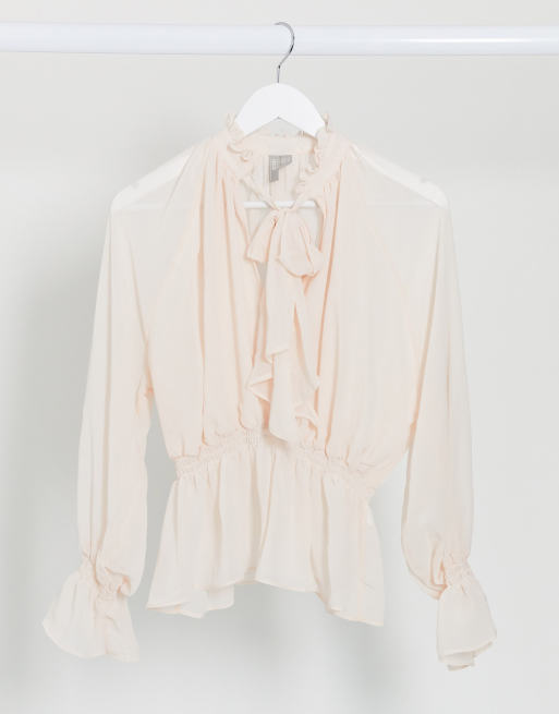 ASOS DESIGN - Blouse met lange mouwen, halsstrik en gesmokte taille in crème