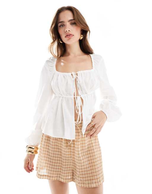 ASOS DESIGN - Blouse met linnenlook en gestrikte voorkant in ivoor
