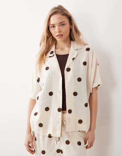 ASOS DESIGN - Blouse met reverskraag, linnenlook en stippen, deel van co-ord set - view 1