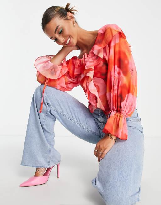 ASOS DESIGN - Blouse met ruches en gestrikte voorkant in vervaagde rozenprint, 4 van 4