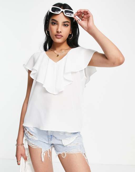 ASOS DESIGN - Blouse met ruches langs de hals in ivoor 