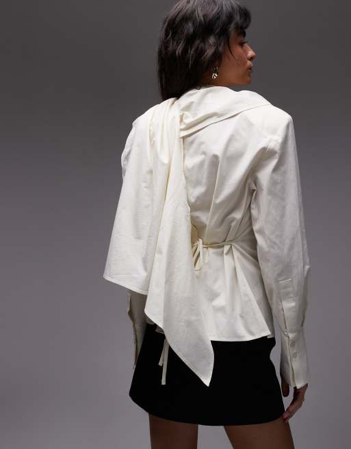 ASOS DESIGN - Blouse met schoudervullingen en hals met sjaal in oesterkleur, 2 van 4
