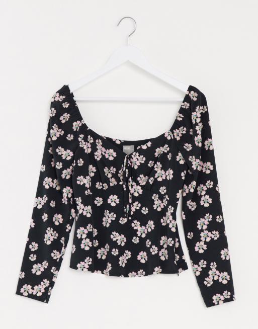 Asos Design - Blouse met vierkante halslijn en lange mouwen in bloemenprint
