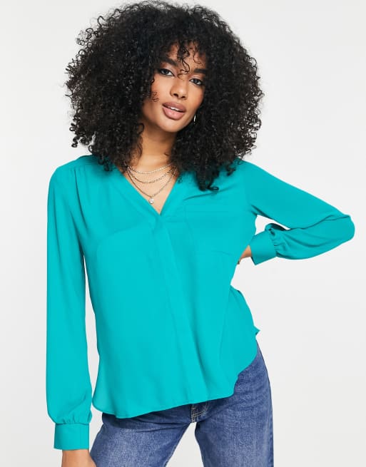 ASOS DESIGN - Blouse met zakje en lange mouwen in groenblauw