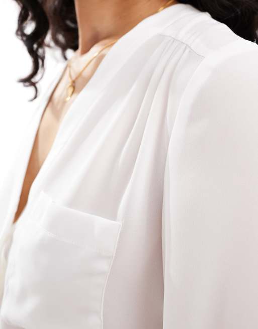 ASOS DESIGN - Blouse met zakje en lange mouwen in ivoor, 3 van 4