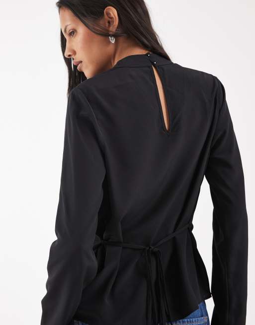 ASOS DESIGN - Blouse nouée à la taille avec col bénitier - Noir, 3 de 4