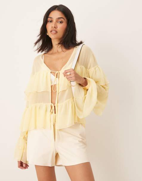 ASOS DESIGN - Blouse nouée sur l'avant en mousseline à volants - Beurre - view 1