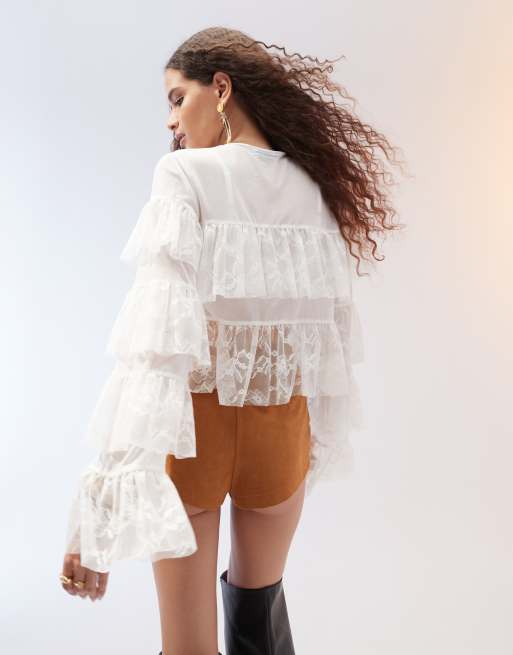 ASOS DESIGN - Blouse nouée sur le devant à volants avec empiècements en dentelle - Ivoire, 4 de 4