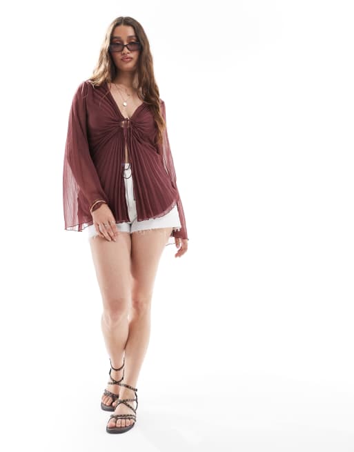 ASOS DESIGN pleated tie front blouse in dark red