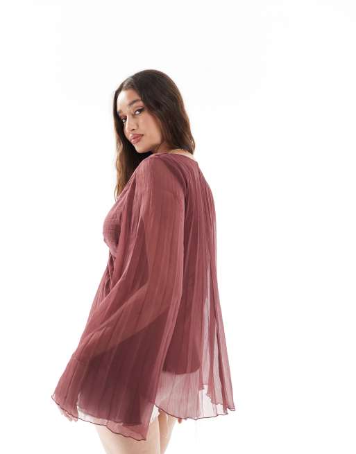ASOS DESIGN pleated tie front blouse in dark red